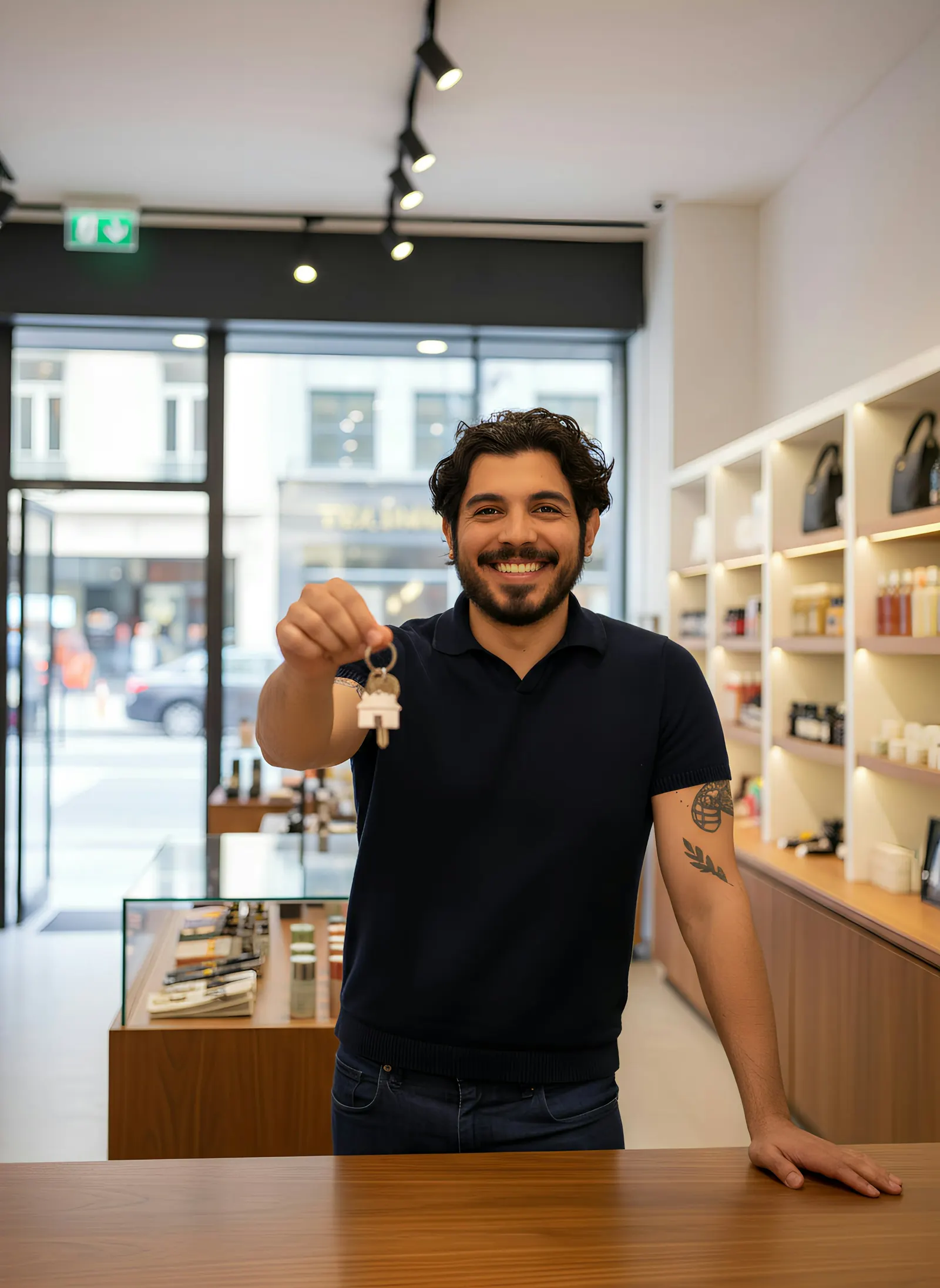 Commerçant remettant les clés de son magasin à son successeur